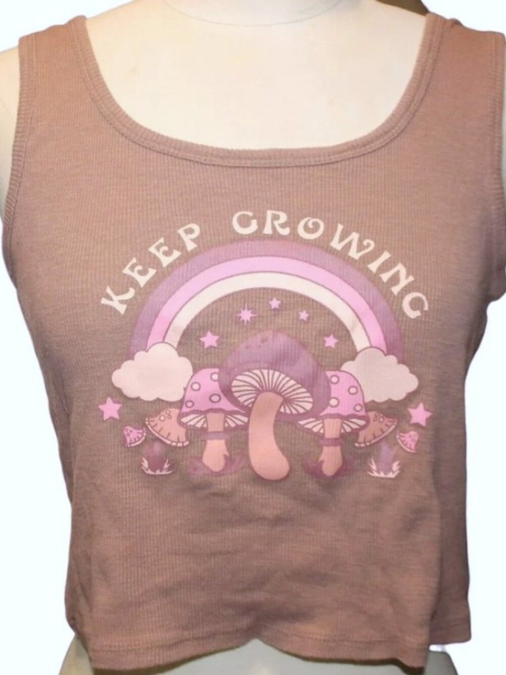 OBSESSIVE LOVE Crop Tank Top XL Vintage Mushroom Boho Shirt Hippie 90s Y2K